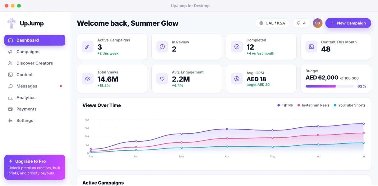 UpJump Dashboard screen